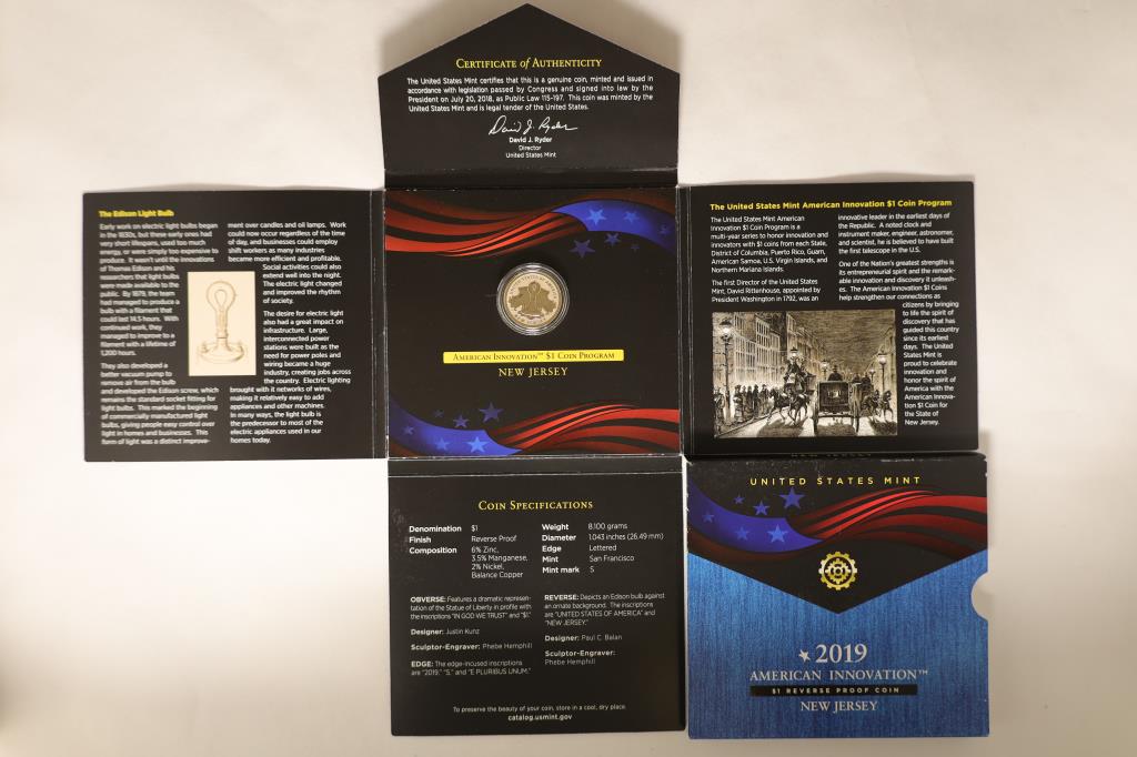2019-S AMERICAN INNOVATION REVERSE PROOF $1: NEW JERSEY COIN. IN ORIGINAL US MINT PACKAGING.