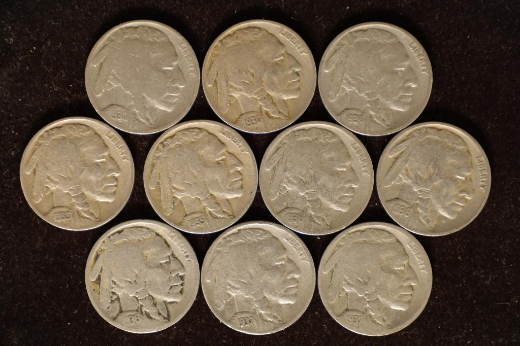 10 ASSORTED 1930'S FULL DATE BUFFALO NICKELS (1 of 2)