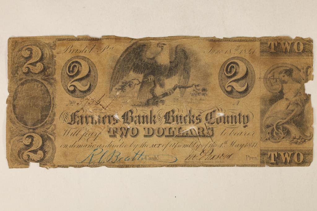 1841 FARMERS BANK BUCKS COUNTY $2 OBSOLETE (1 of 2)