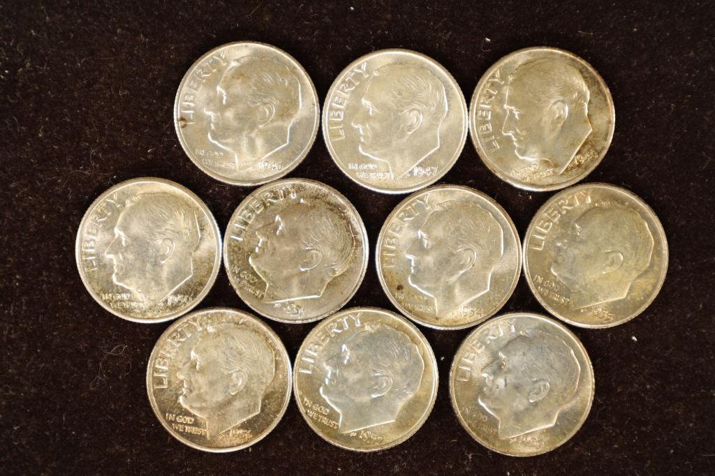 10 SILVER ROOSEVELT DIMES ALL BU: 1946-1959 (1 of 2)