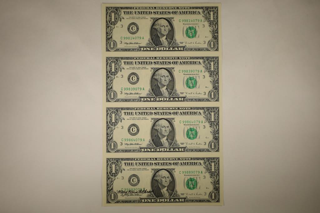 UNCUT SHEET OF 4 - 1995 US $1 FRNS. CRISP UNC: SIGNED BY "MARY ELLEN WITHROW" TREASURER OF THE UNITED STATES.