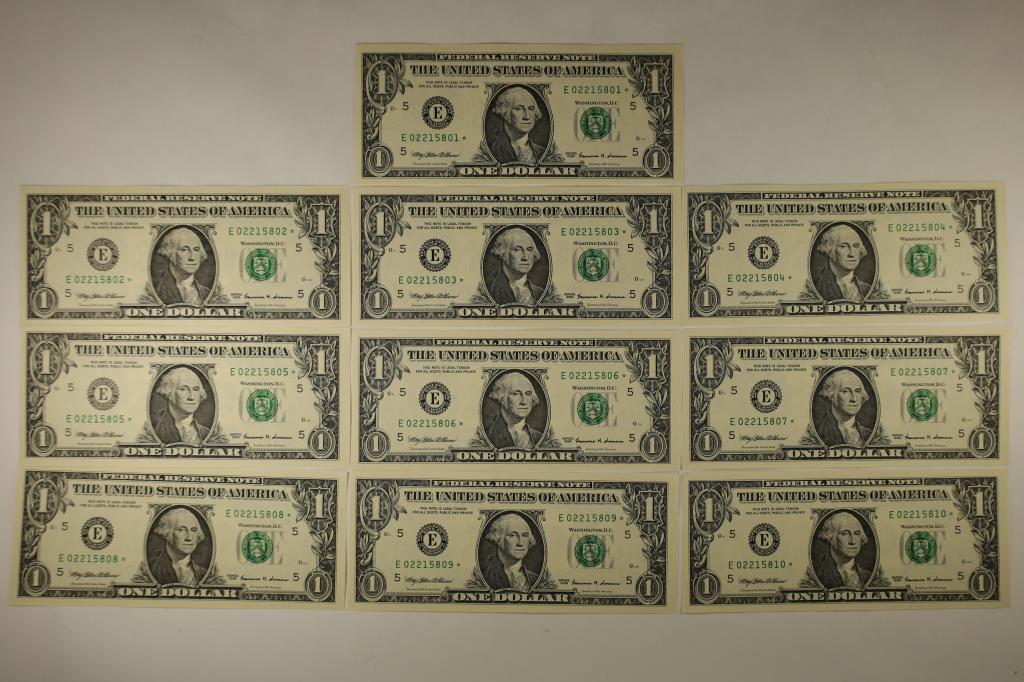 10 CRISP UNC STAR NOTES 1999 US $1 FRN'S #'S ARE (1 of 2)