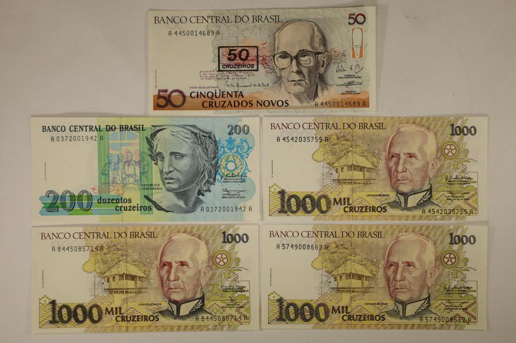 5 BANK OF BRAZIL CRISP UNC BILLS: 1-50 CRUZADO,: 1-200 CRUZEIROS AND 3-1000 CRUZEIROS.