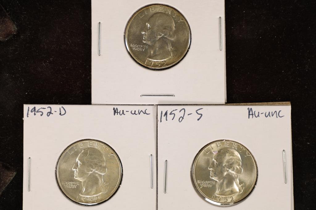1952 P/D & S WASHINGTON SILVER QUARTERS AU/UNC (1 of 2)