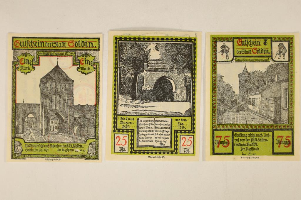 3-1921 GERMAN NOTEGELD/PFENNING CRISP UNC BILLS: 1, 25 AND 75.