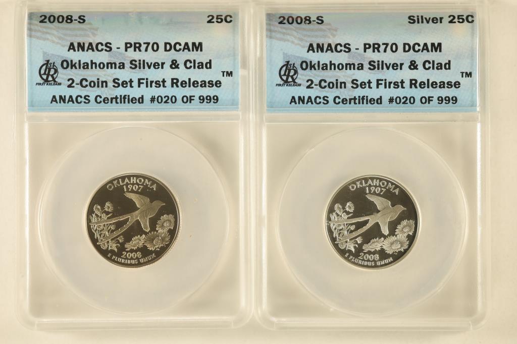 2 COIN SET: 2008-S SILVER & CLAD OKLAHOMA QUARTERS: BOTH ANACS PR70 DCAM, #20 OF 999, FIRST RELEASES