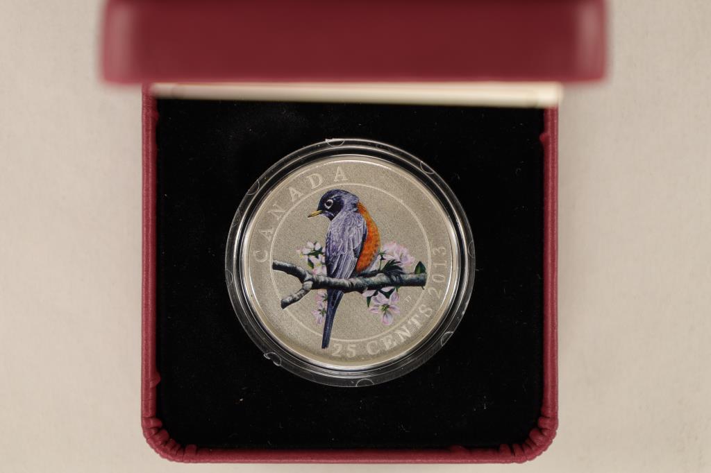 2013 CANADA 25 CENT COLORED "AMERICAN ROBIN": SPECIMEN COIN. IN ORIGINAL ROYAL CANADIAN MINT PACKAGING WITH CERT.