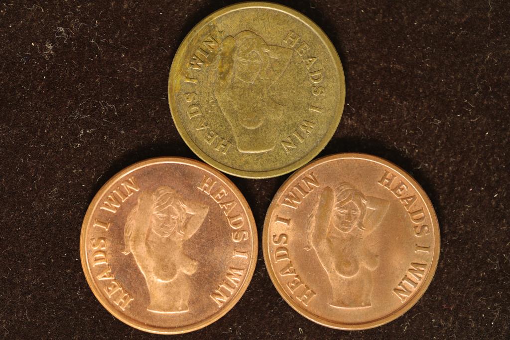 3 ADULT THEMED 1" METAL FLIPPER TOKENS: (1 of 2)