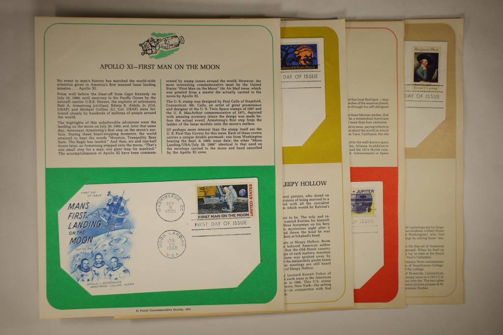 4 FIRST DAY COVER ENVELOPES WITH INFORMATIONAL: CARD: 1969 MAN'S FIRST LANDING ON THE MOON APOLLO XI, 1974 THE LEGENDS OF SLEEPY HOLLOW, 1975 PIONEER JUPITER AND 1975 HONORING BENJAMIN WEST.