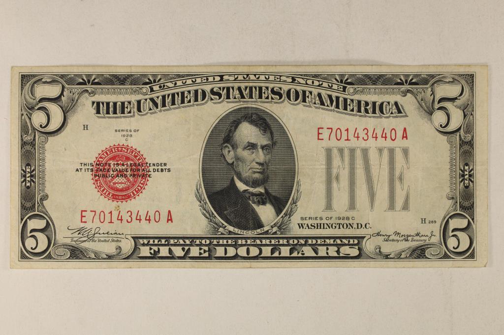 1928-C US $5 RED SEAL NOTE WATCH FOR OUR NEXT (1 of 2)