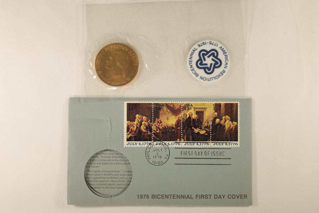 1976 BICENTENNIAL FIRST DAY COVER WITH CANCELLED: STAMPS, THOMAS JEFFERSON, IN ORIGINAL US MINT PACKAGING