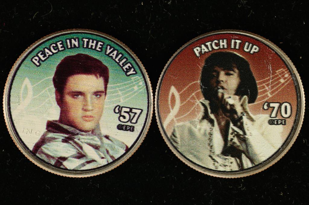 2 COLORIZED ELVIS PRESLEY ON BU JFK HALF DOLLARS: PEACE IN THE VALLEY AND "PATCH IT UP"