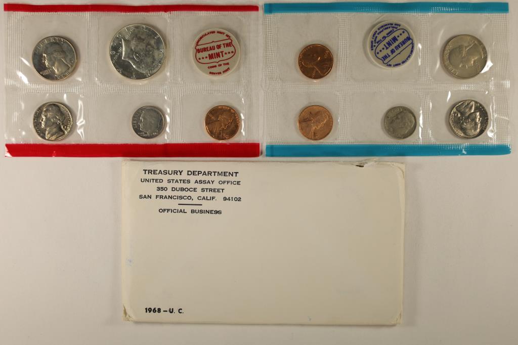 1968 US MINT SET (UNC) P/D/S (WITH ENVELOPE): 40% SILVER JOHN F. KENNEDY HALF DOLLAR, THIS IS AN OFFICIAL US PACKAGED P/D/S SET, IT DOES NOT CONTAIN A SEPARATE PACK OF "S" ONLY COINS