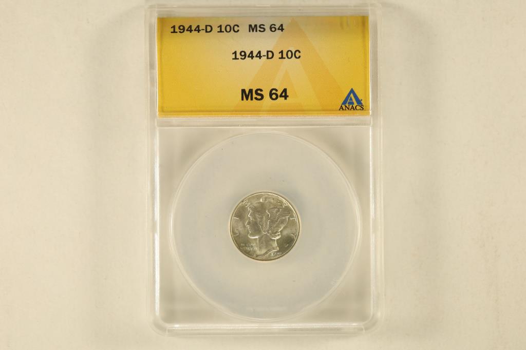 1944-D SILVER MERCURY DIME ANACS MS64: WATCH FOR OUR NEXT AUCTION ON (MONDAY MAY 8TH, 2023) AT 7PM EDT. THANKS FOR YOUR BUSINESS