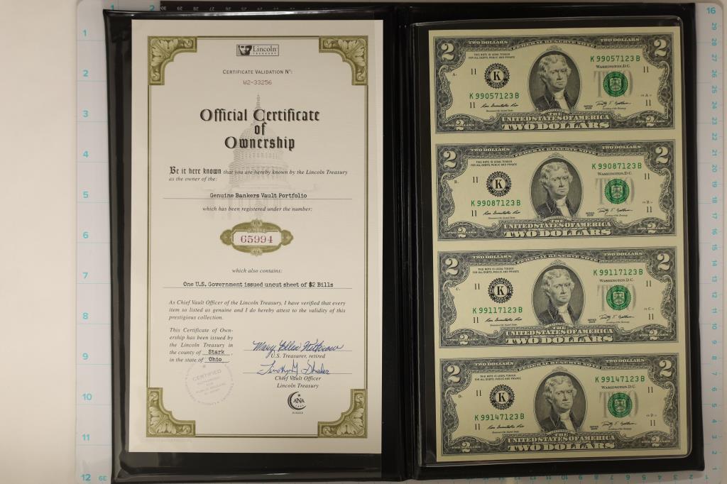 UNCUT SHEET OF 4-2009 US $2 FRNS CRISP UN IN: BLACK FOLIO WITH CERTIFICATE