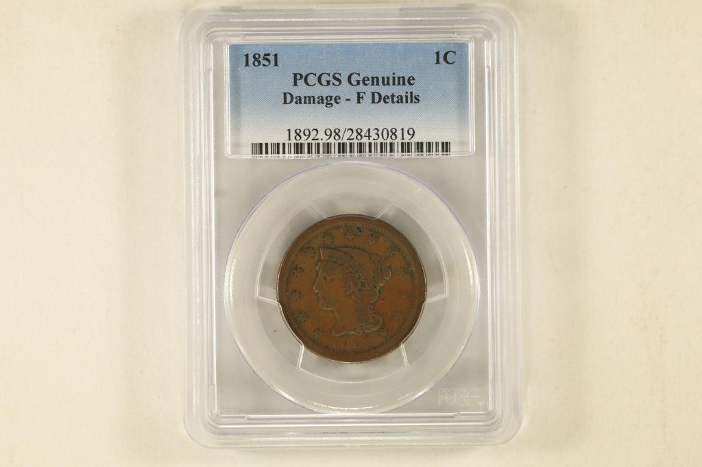 1851 US LARGE CENT PCGS GENUINE DAMAGE F DETAILS (1 of 2)