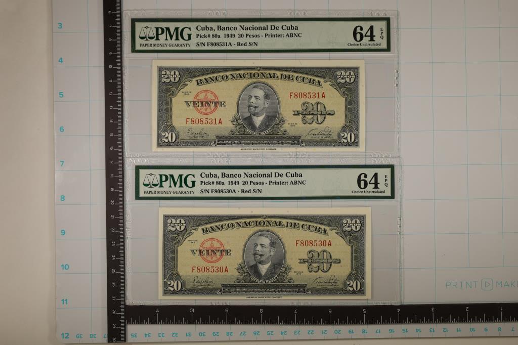 2-1949 CUBA 20 PESO BILLS. BOTH PMG 64 CHOICE UNC: EXCEPTIONAL PAPER QUALITY WITH CONSECUTIVE SERIAL NUMBERS