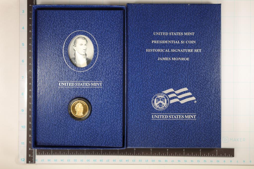 US MINT PRESIDENTIAL $1 COIN HISTORICAL SIGNATURE: SET "JAMES MONROE" PROOF ON BLUE FOLIO WITH PICTURE IN ORIGINAL US MINT PACKAGING WITH CERT