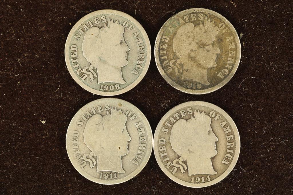 1908-D, 1910, 1911 & 1914 SILVER BARBER DIMES (1 of 2)