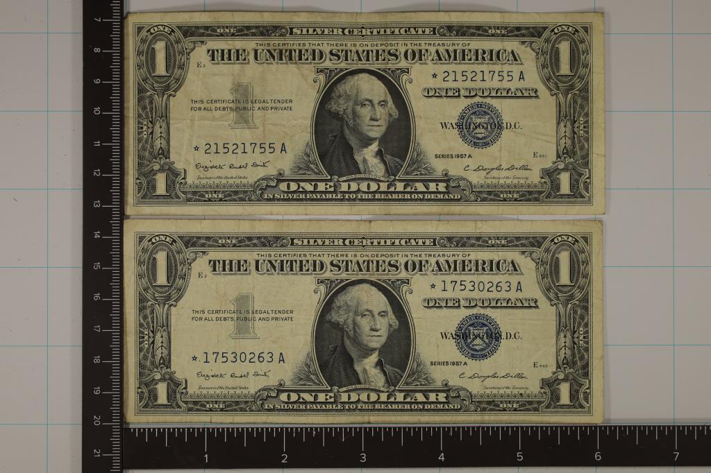 2-1957-A US $1 SILVER CERT, STAR NOTES, BLUE SEALS (1 of 2)