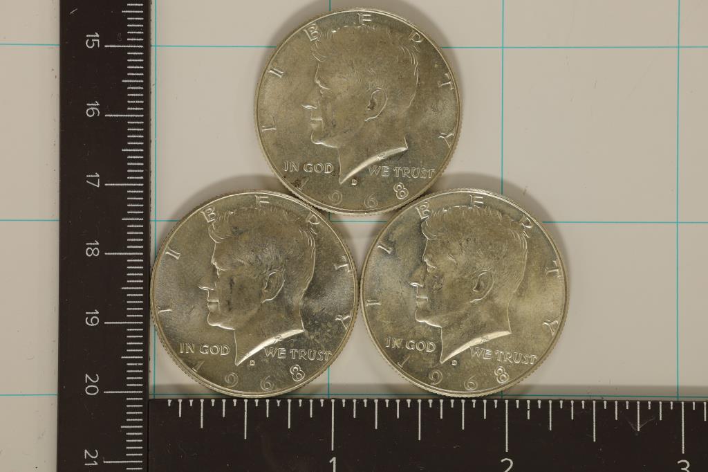 3-1968-D 40% SILVER JOHN F. KENNEDY HALVES UNC: WATCH FOR OUR NEXT AUCTION ON (MONDAY MAYT 29TH, 2023) AT 7PM EDT. THANKS FOR YOUR BUSINESS