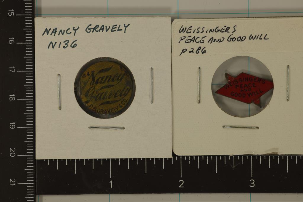 2 VINTAGE METAL COLORIZED TOBACCO TAGS:: NANCY GRAVELY AND "WEISSINGERS PEACE AND GOOD WILL"