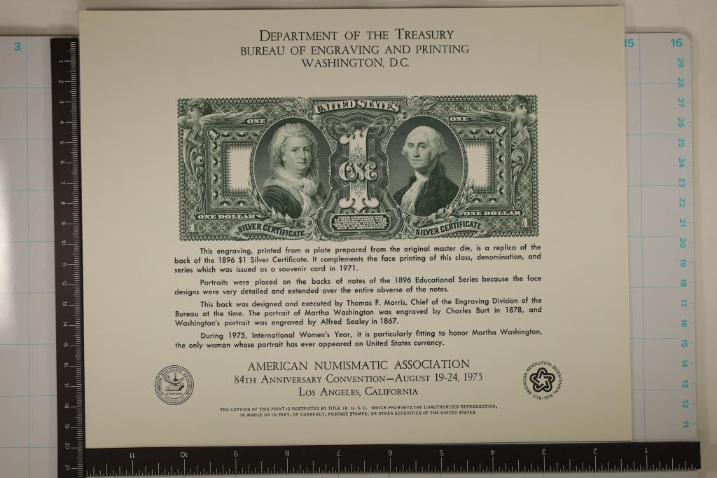 ANA 1975 LOS ANGELES CALIFORNIA SOUVENIR CARD: FEATURING THE REVERSE OF AN 1896 US $1 SILVER CERTIFICATE, PRINTED BY THE BUREAU OF ENGRAVING AND PRINTING