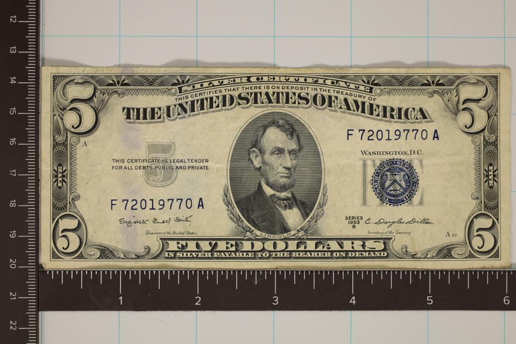 1953-B US $5 SILVER CERTIFICATE BLUE SEAL (1 of 2)