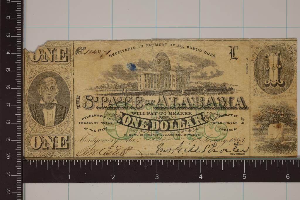 1863 STATE OF ALABAMA $1 OBSOLETE BANK NOTE (1 of 2)