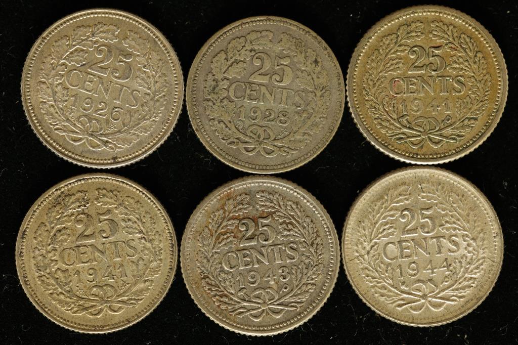 1926, 1928, 2-1941, 1943 & 1944 SILVER NETHERLANDS (1 of 2)