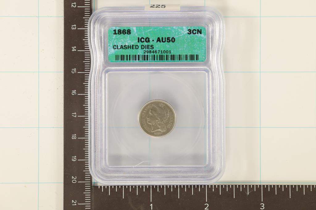 ERROR 1868 THREE CENT PIECE (NICKEL) ICG AU50 (1 of 2)
