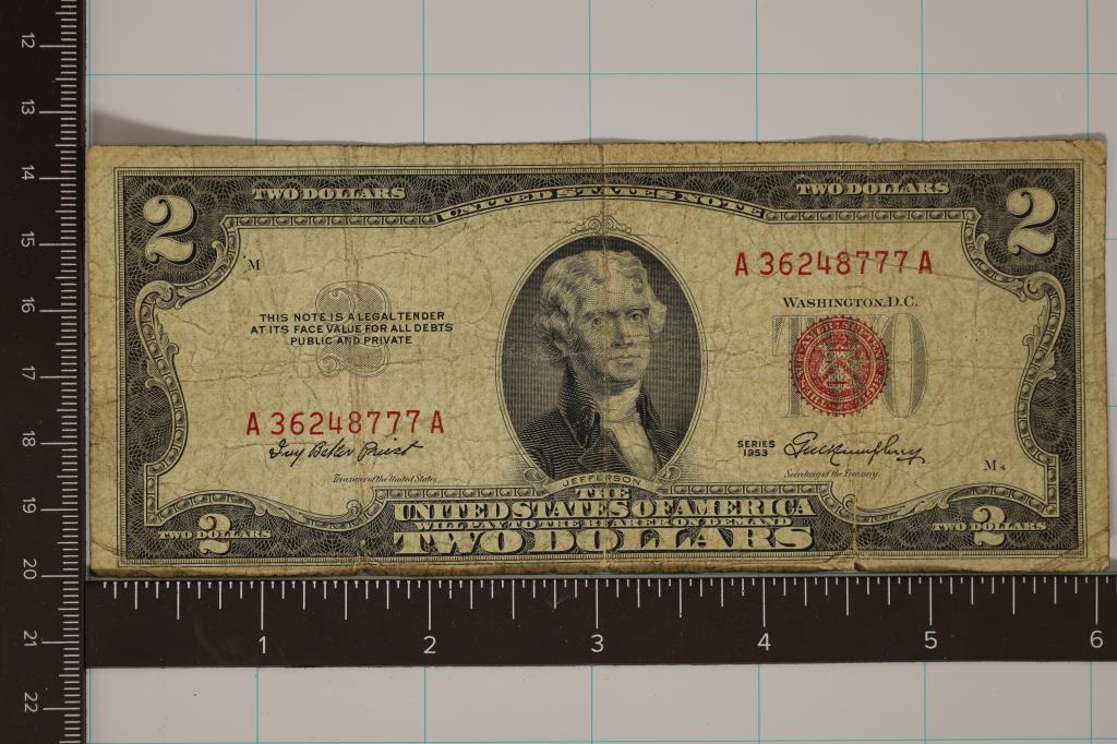 1953 US $2 RED SEAL NOTE SMALL TEAR BOTTOM RIGHT (1 of 2)