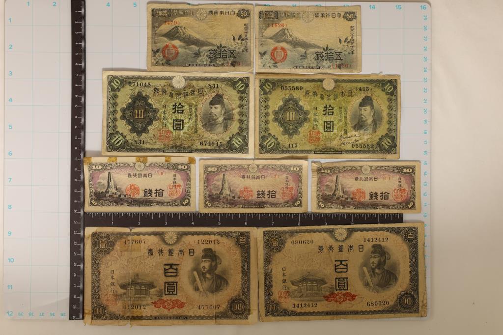 9-JAPANESE BILLS: 3-1930 TEN YEN, 2-1944-TEN YEN,: 2-1938 TEN SEN & 2-1944-ONE HUNDRED YEN, SOME TEARS AND TAPE NOTED
