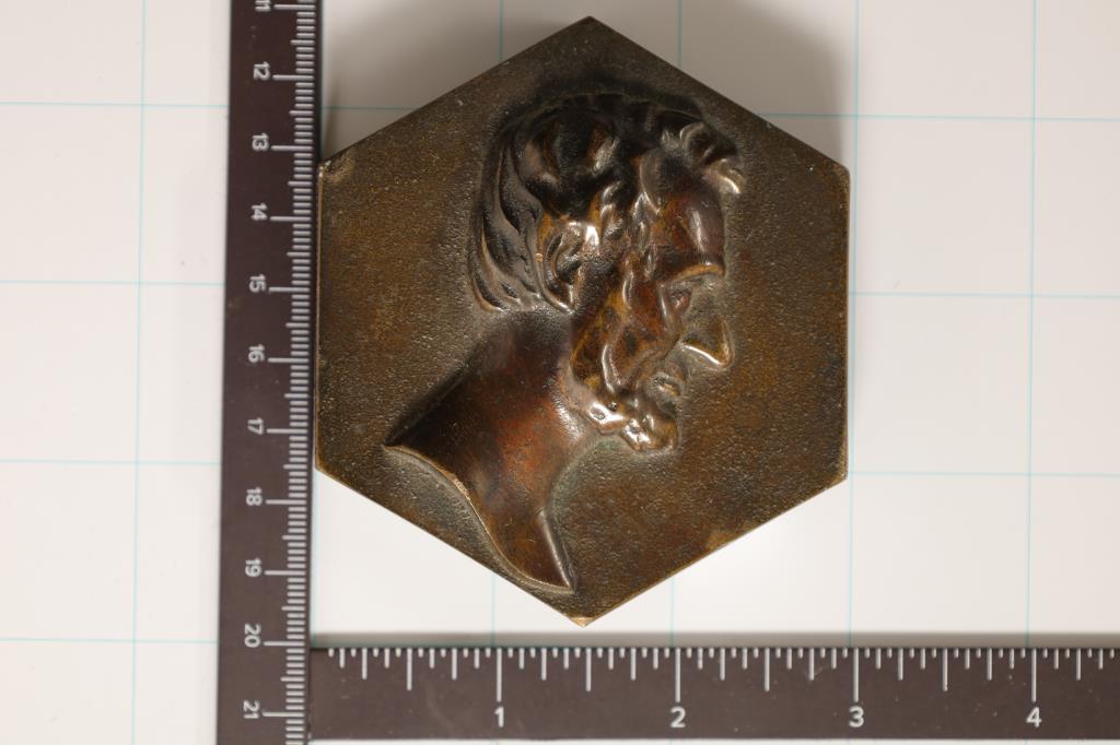 ABRAHAM LINCOLN BRASS TILE 2 3/4" X 3 1/4'' BY COX: BRASS MANUFACTURING COMPANY ALBANY, NEW YORK