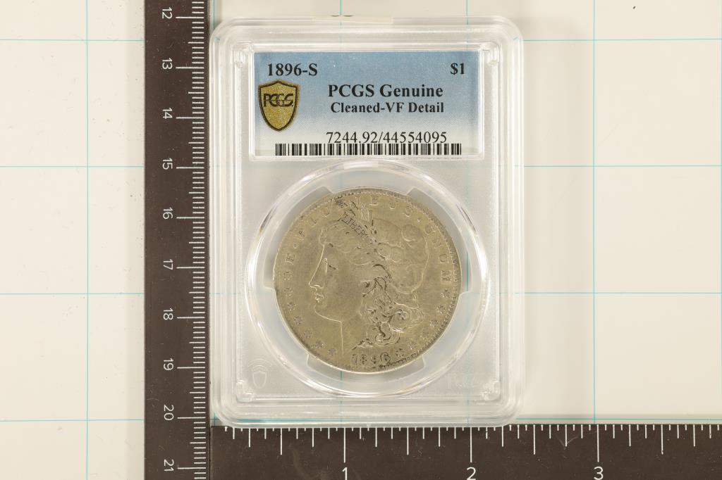 KEY DATE 1896-S MORGAN SILVER DOLLAR PCGS GENUINE: VERY FINE DETAILS, CLEANED, GOLD SHIELD LABEL