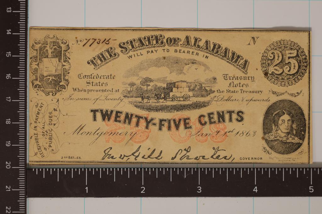 1863 STATE OF ALABAMA 25 CENT OBSOLETE BANK NOTE (1 of 2)