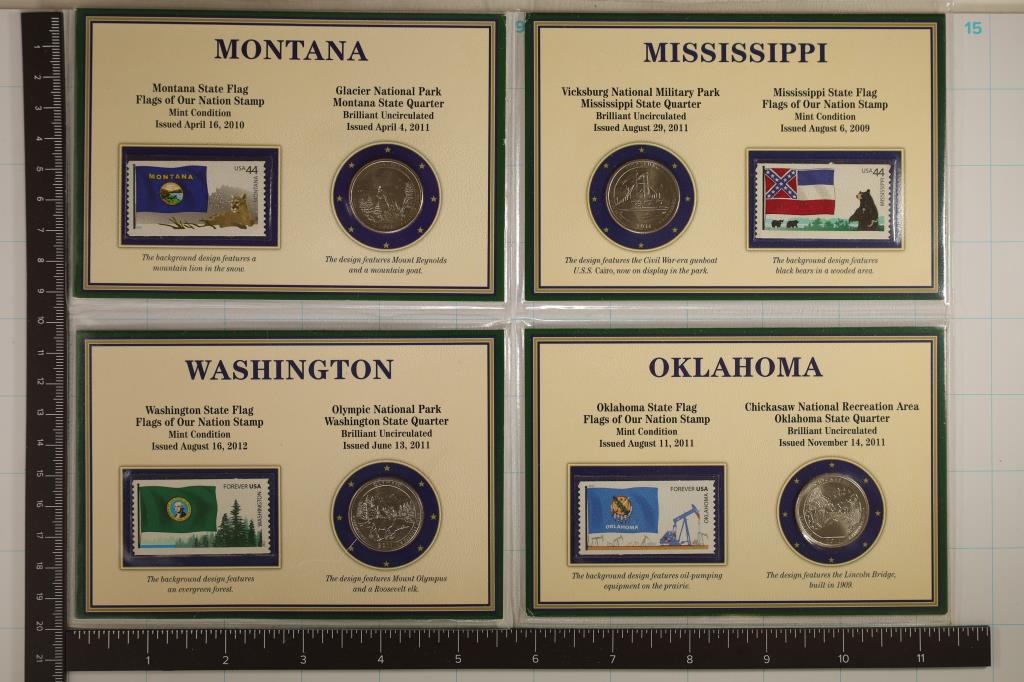 4 STATE QUARTER AND STAMP SETS. 2011-P MONTANA,: WASHINGTON, MISSISSIPPI AND OKLAHOMA. ALL UNC WITH UNCANCELLED STAMPS ON CARDBOARD CARDN IN PLASTIC SLEEVES.