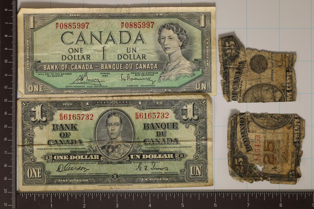 3 CANADIAN BILLS 1937 $1, 1954 $1 & PARTIAL AND: IN 2 PIECES 1923 25 CENT SHINPLASTERN (ROUGH SHAPE)