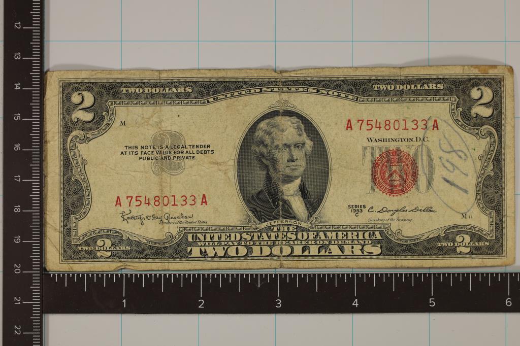 1953-C US $2 RED SEAL NOTE INK ON THE OBVERSE (1 of 2)