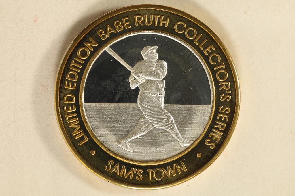 SILVER $10 BRILLIANT UNC CASINO CHIP "BABE RUTH": LIMITED EDITION SAM'S TOWN COLLECTOR SERIES. ROBINSVILLE, MISSISSIPPI