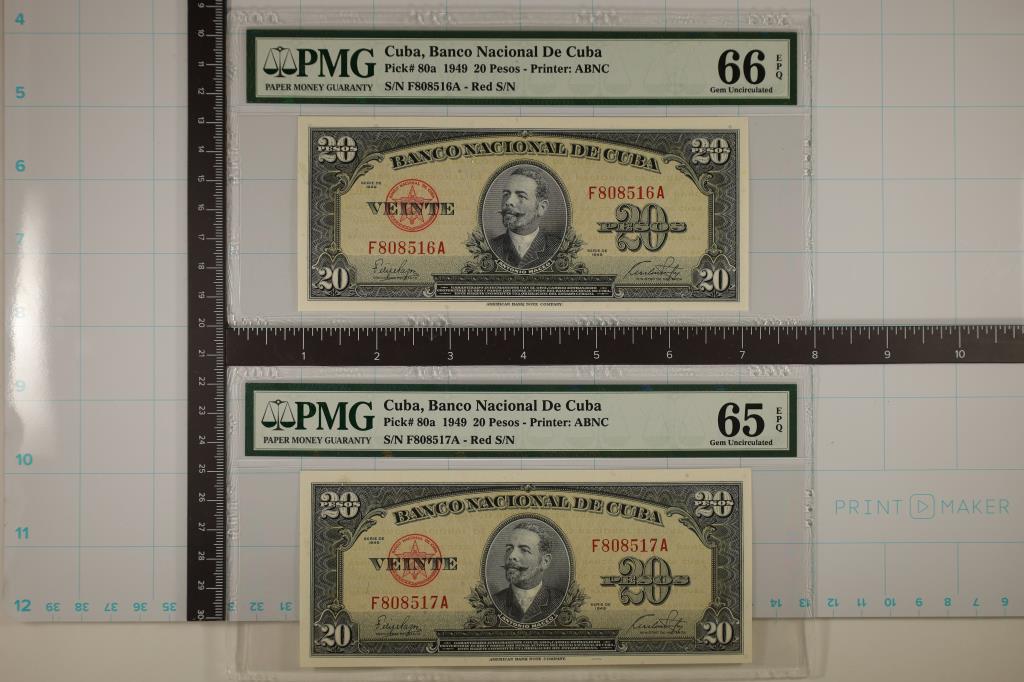 2-1949 CUBA 20 PESO BILLS BOTH PMG CERTIFIED:: 65 GEM UNC AND 66 GEM UNC BOTH EXCEPTIONAL PAPER QUALITY AND WITH CONSECUTIVE SERIAL NUMBERS