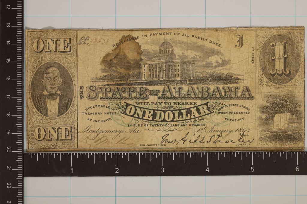 1863 STATE OF ALABAMA $1 OBSOLETE BANK NOTE (1 of 2)