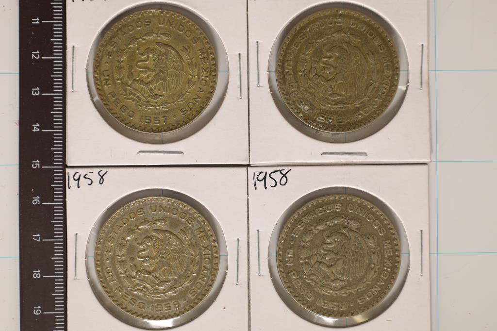 1957 & 3-1958 MEXICO SILVER PESOS .0514 OZ. ASW EA (1 of 2)
