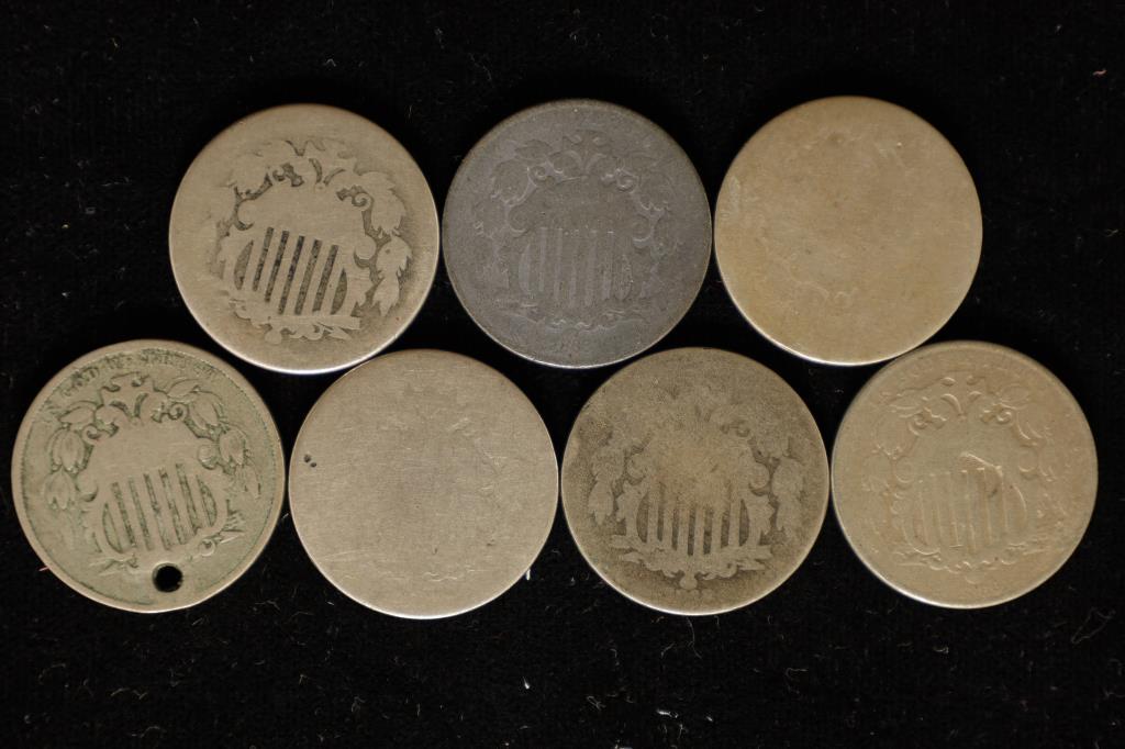 7-NO DATE SHIELD NICKELS, 1 WITH HOLE (1 of 2)