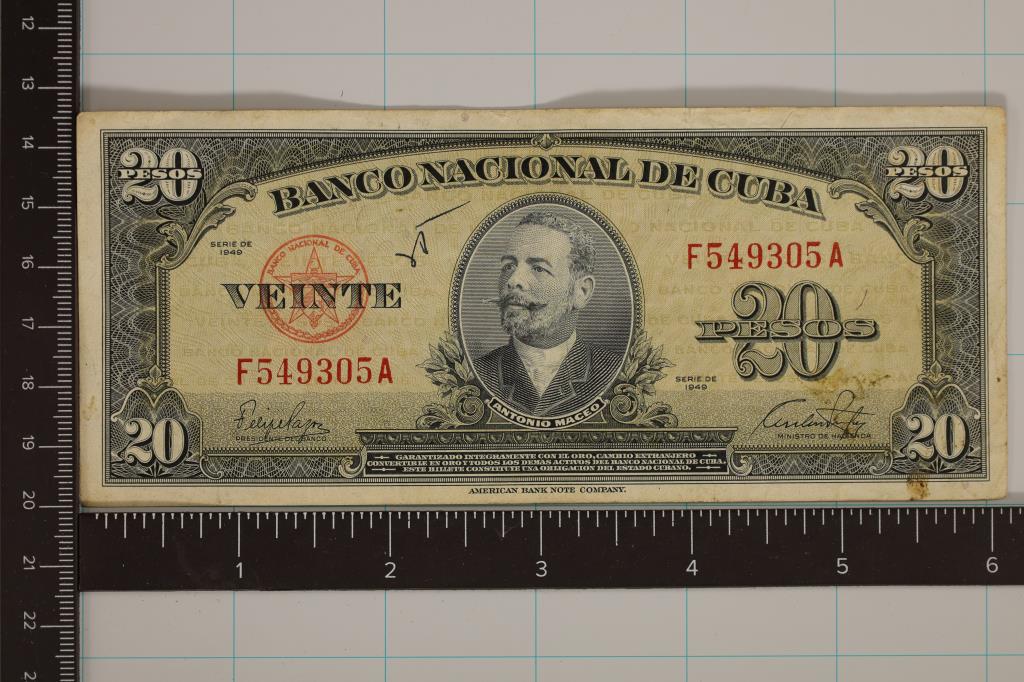 1949 CUBA 20 PESO BILL SMALL STAIN LOWER RT. OBV (1 of 2)