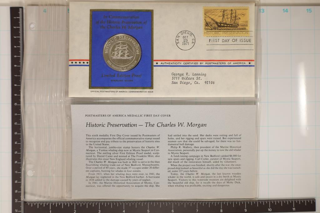 STERLING SILVER 1 1/2" PROOF ROUND ON FIRST DAY: COVER ENVELOPE WITH INFORMATIONAL CARD "COMMEMORATION OF THE HISTORIC PRESERVATION OF THE "CHARLES W. MORGAN"