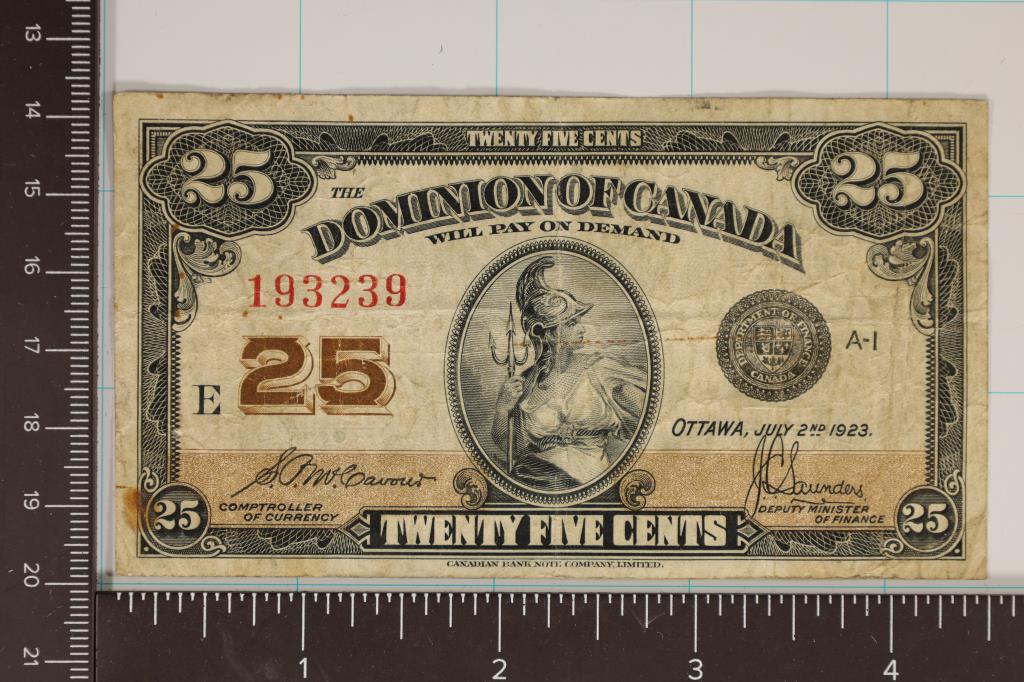 1923 DOMINION OF CANADA 25 CENT FRACTIONAL NOTE: WATCH FOR OUR NEXT AUCTION ON (MONDAY JULY 10TH, 2023) AT 7PM EDT. THANKS FOR YOUR BUSINESS.
