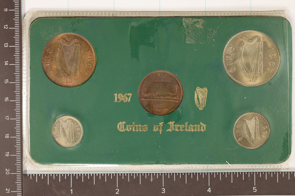 1967 COINS OF IRELAND 5 COIN UNC SET IN SLEEVE: AND CARDBOARD CARD