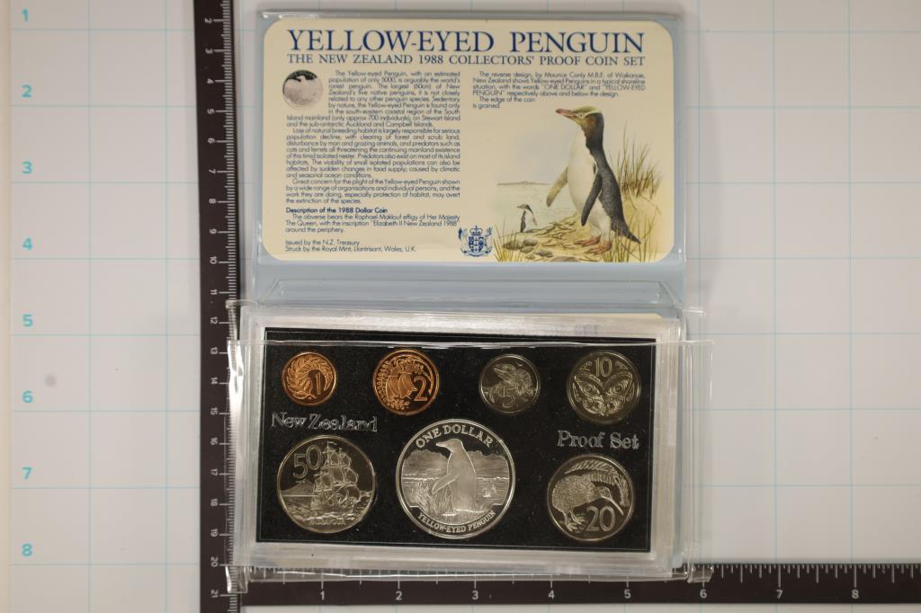 1988 NEW ZEALAND YELLOW-EYED PENGUIN 7 COIN PROOF: SET WITH SILVER $1 COIN, IN ORIGINAL MINT PACKAGING