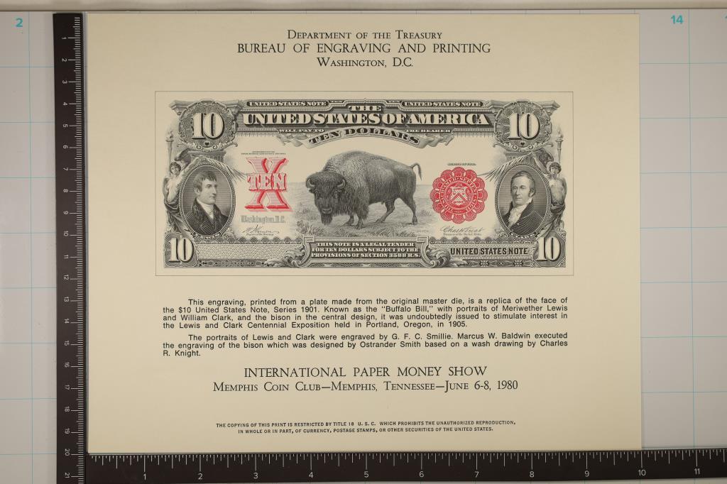 1980 INTERNATIONAL PAPER MONEY SHOW MEMPHIS: TENNESSEE SOUVENIR CARD FEATURING THE OBVERSE OF A 1901 US $10 NOTE. ALSO KNOWN AS THE BUFFALO BILL, PRINTED BY THE BUREAU OF ENGRAVING AND PRINTING
